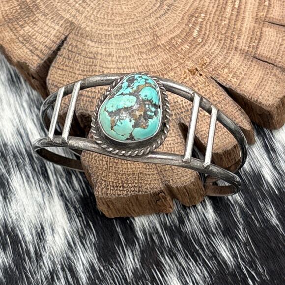 1970s Native American NAVAJO Sterling Silver & Rustic Turquoise Cuff Bracelet - Picture 1 of 4